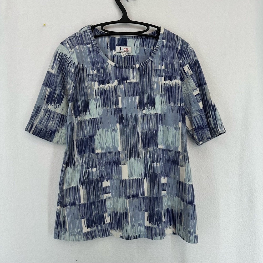 Denim & Co Abstract Print Short Sleeve Blouse Shirt Womens‎ XS Blue